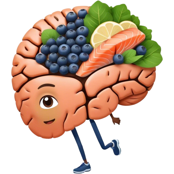 brain surrounded by healthy lifestyle choices, exercising, salmon, dark chocolate, blueberries, seeds, leafy greens . brain booster emoji