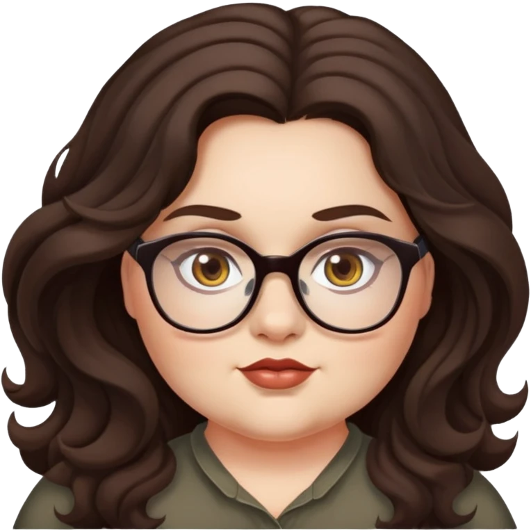  woman, long dark brown wavy hair, very light fair skin, hazel eyes, glasses, very chubby, baddie/sexy emoji