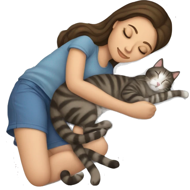 brunette girl sleeping with tabby cat  emoji