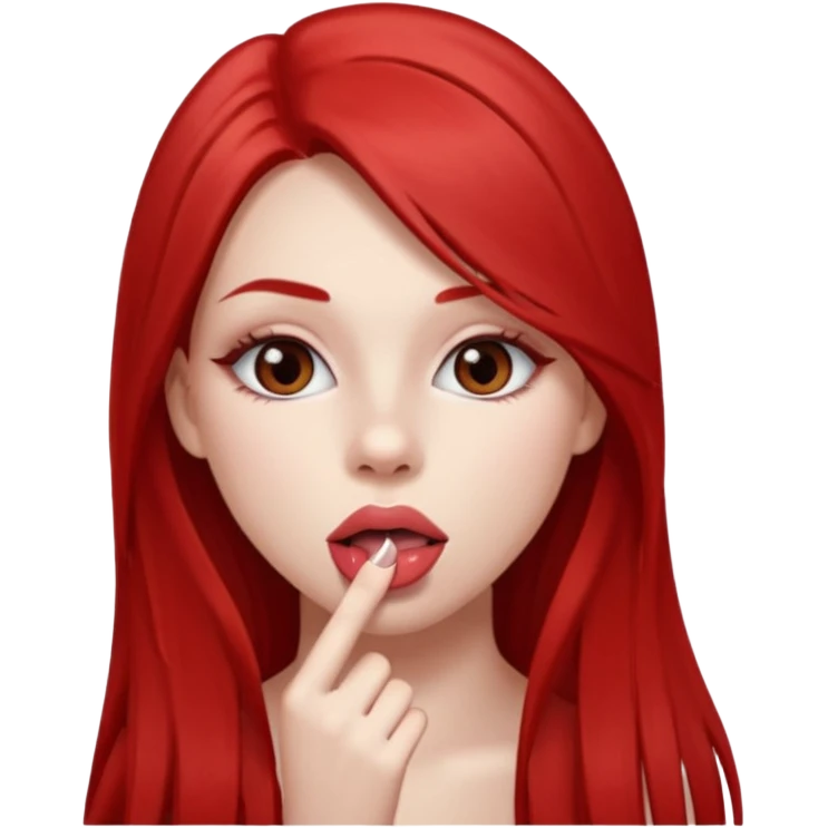 una chica de 18 años sacando la lengua con los labios con pintalabios nude y los ojos maquillados, de piel blanca con el pelo liso, largo y pelirrojo, ojos marrones emoji