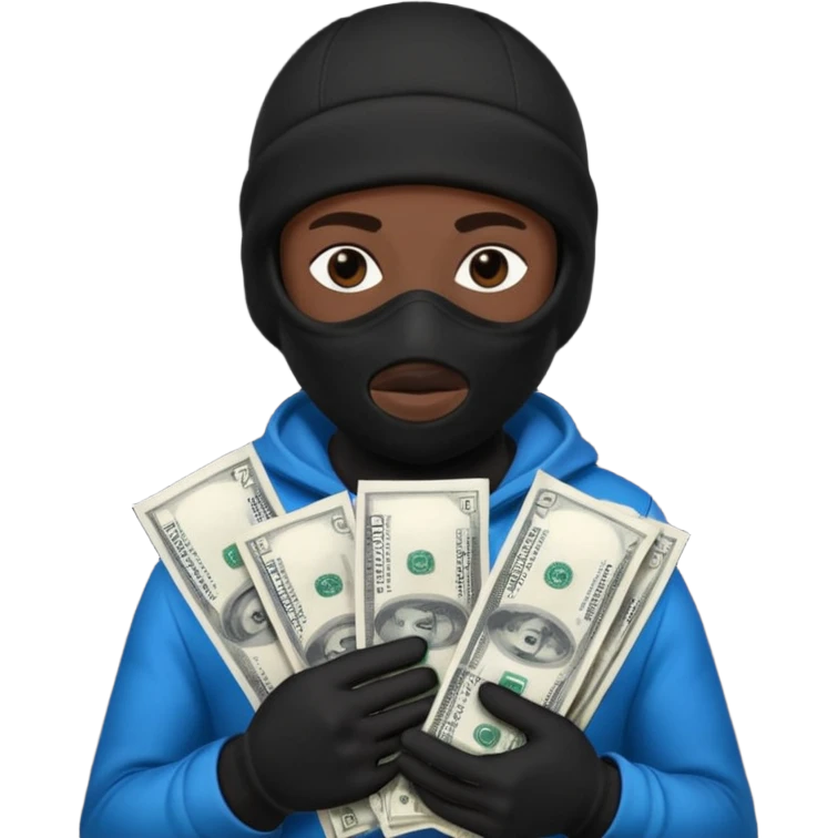 Black Ski mask holding bags of money with  skin color black emoji