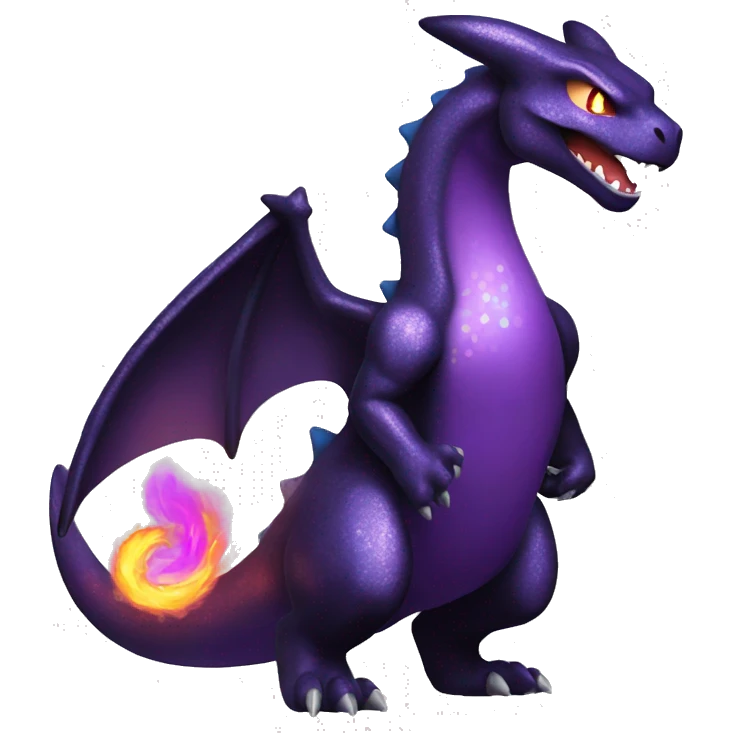 Black shiny sparkly Charizard-Fakémon with purple flame on tail full body emoji