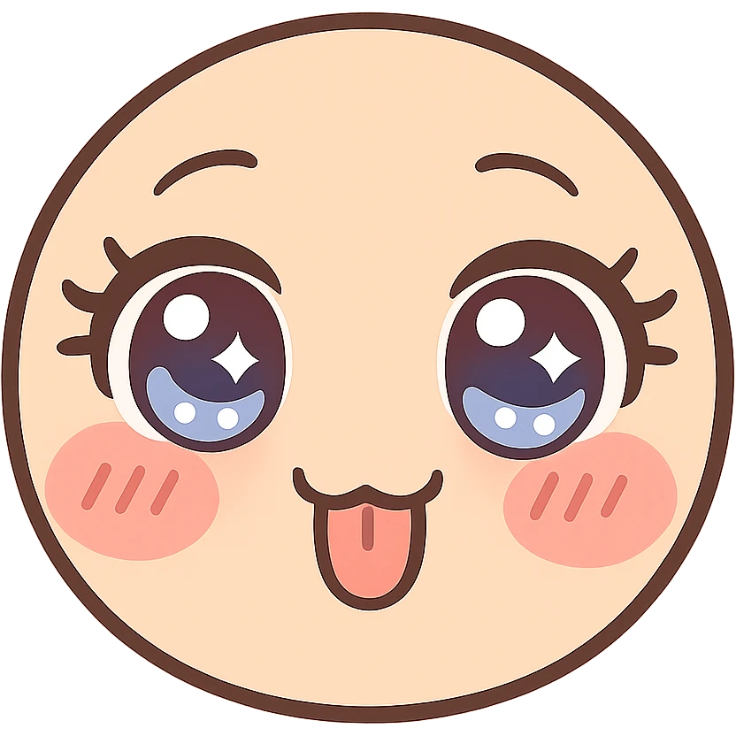 anime-inspired emoji in sexy manga style, large shiny eyes, emphasized eyelashes, cute smile with tongue out, red cheeks, glossy lips, pastel accents, delicate shading, HD, 512x512 pixels, solid color background, kawaii fanservice emoji