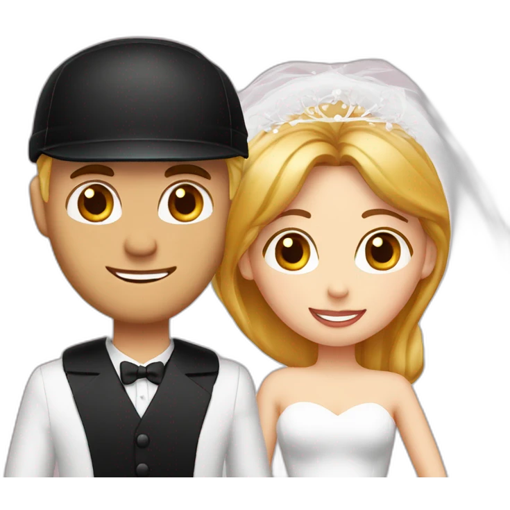 wedding couple blond man with black cap and white shirt, woman with medium red hair shirt with neckline emoji
