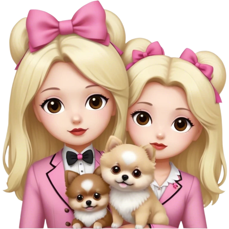blonde girl old money outfit brown eyes with his husband white skin black hair and brown eyes with two pomeranian baby 1 white and another red brown with pink bow for the dogs emoji