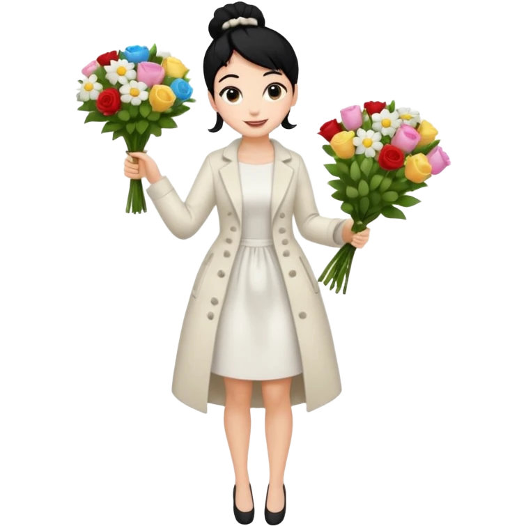 Chica blanca,cuerpo entero, vestido fiesta blanco ,manga larga ,con abrigo, pelo negro,    ramo de flores una mano, pelo recogido en moño alto emoji