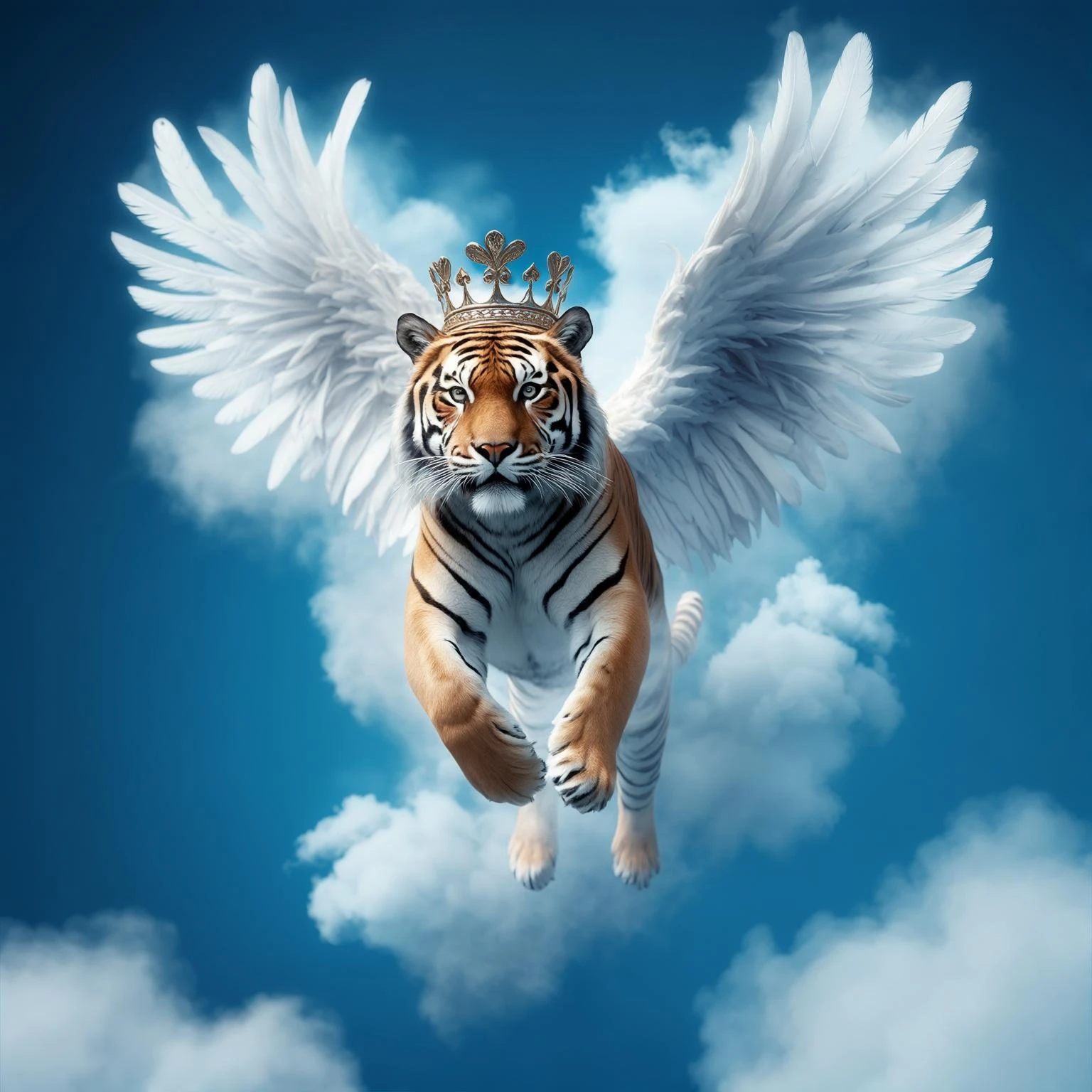 Tiger with wings and corwn flying around clouds, blue solid color, with cinematic blur emoji
