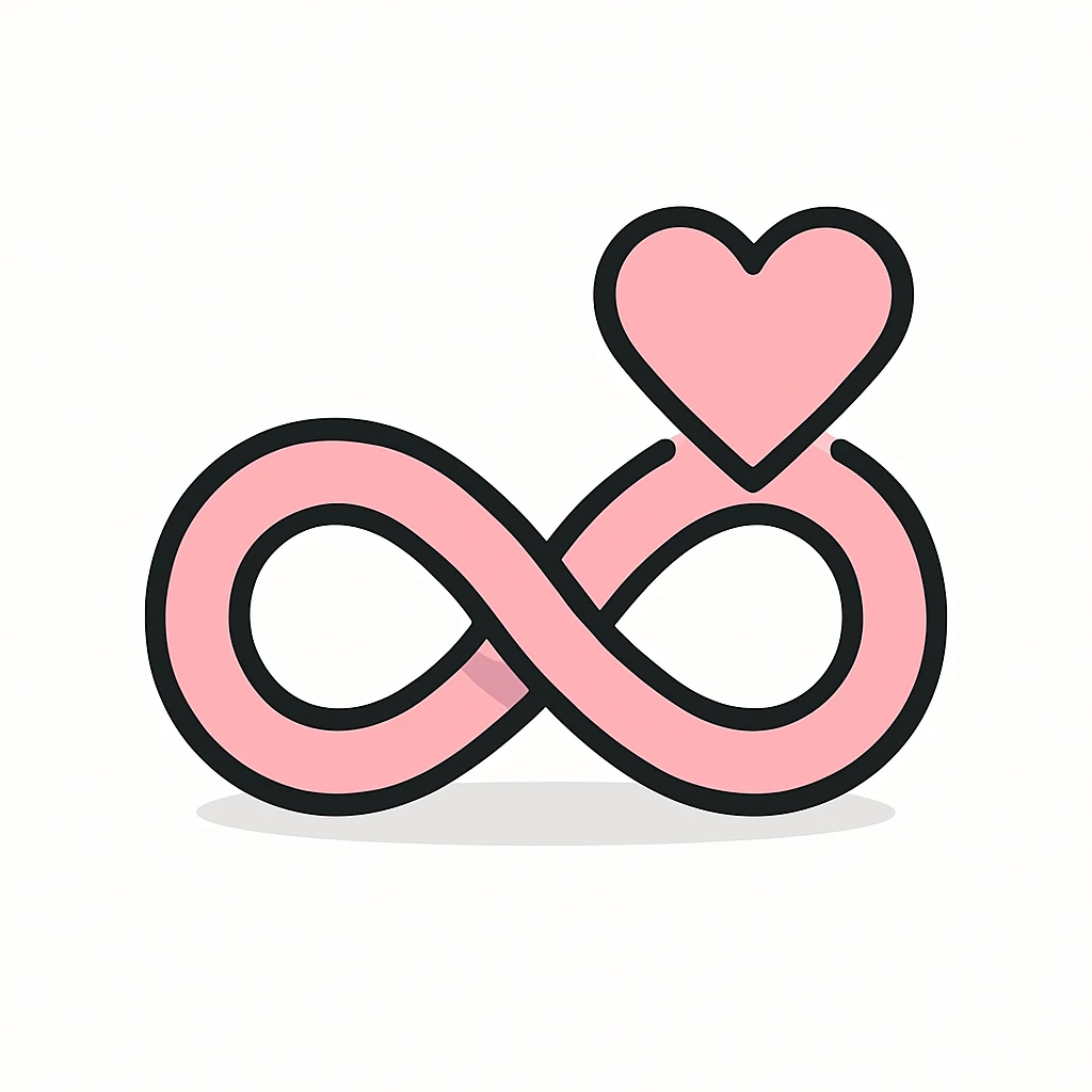 pink infinity symbol with shadows and highlights, simple heart shape next to the infinity, playing with placement: beside, above, below, or integrated into the infinity loop, in flat pink gray style emoji