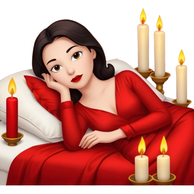 Low bed, red sheets, candles everywhere, woman reclining in shadowed control emoji