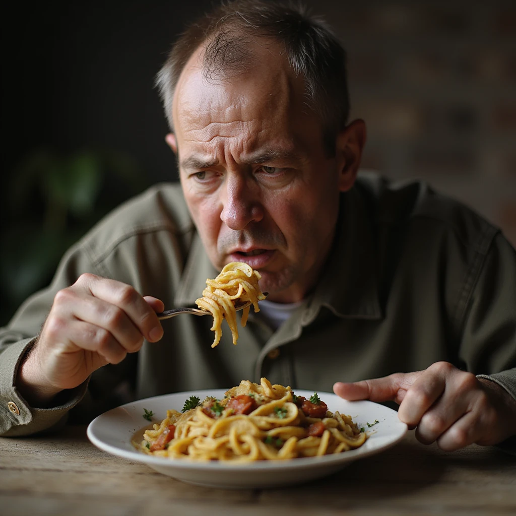 a sad man about 20 years old eating a plate of pasta, sad expression, hyperrealism 4K, variation 1 emoji