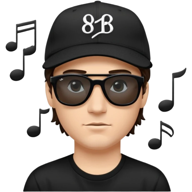 “Emoji of a white man with dark brown hair under a black baseball cap, wearing a black t‑shirt and 1980s‑style black Ray‑Ban rectangle sunglasses, with black musical notes floating around his head,  emoji