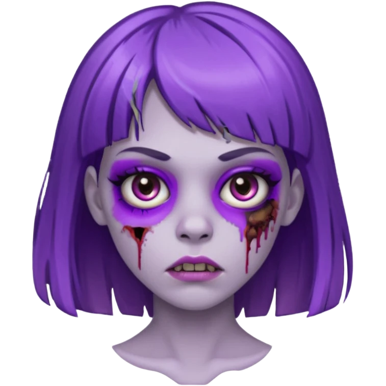 Zombie girl, with bangs above her eyebrows, purple highlights in her dark blonde hair, thin eyebrows. emoji