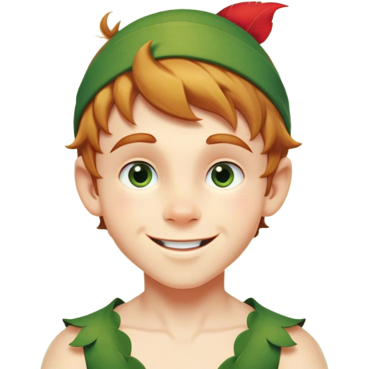 Cinematic Realistic Peter Pan Portrait, head tilted playfully and inquisitively, capturing his mischievous smile and twinkling eyes. The intricacies of his whimsical attire and the soft interplay of natural light bring to life his adventurous energy and childlike charm with a hint of daring strength. emoji