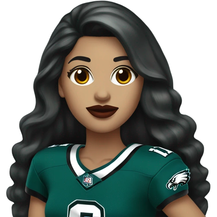 White female long dark hair red lips wearing Philadelphia Eagles jersey emoji