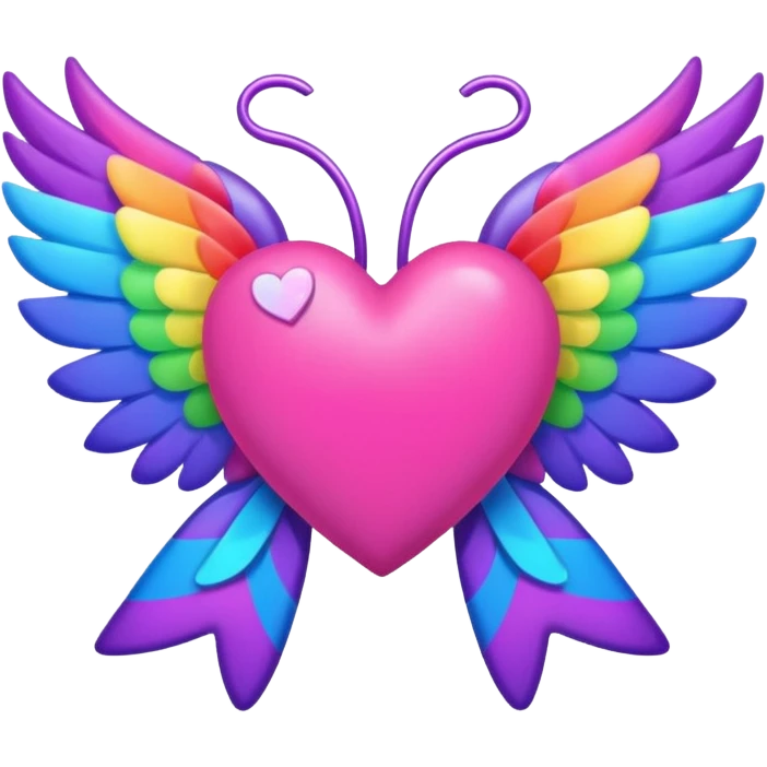 neon heart with a rainbow bow with heart pattern on the bow, with wings emoji