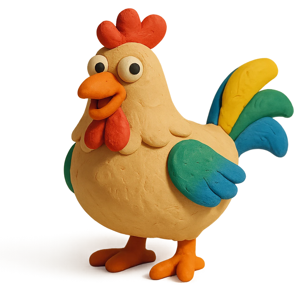 hen with colorful feathers and playful expression in claymation style emoji