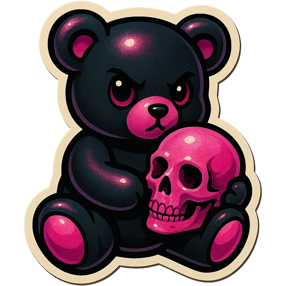 gothic teddy bear with black and pink color scheme, bear holding a pink skull, retro stickers style emoji
