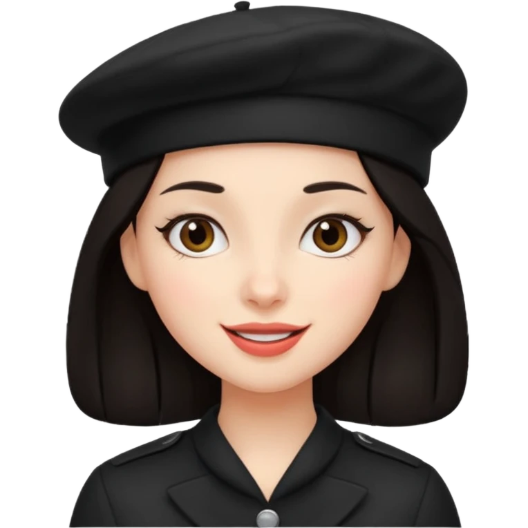 girl with dark hair and a black beret, cheerful face emoji