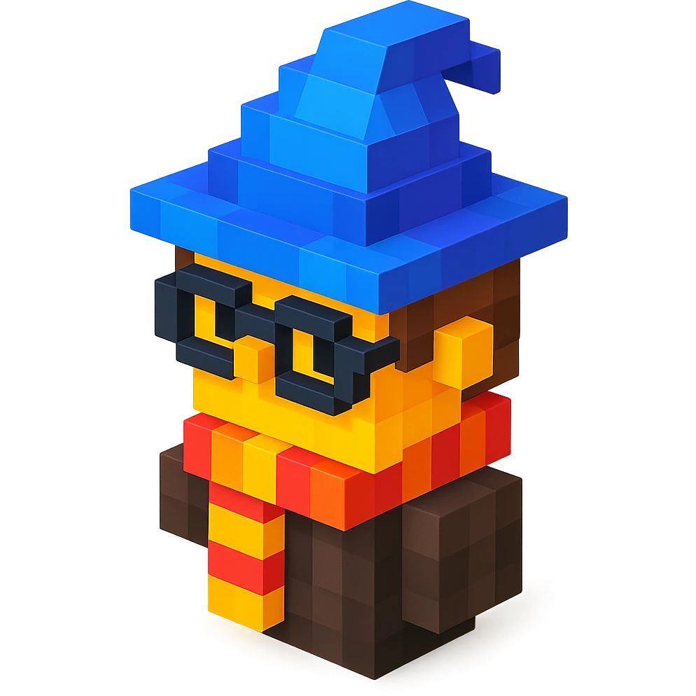 3D Minecraft-style voxel emoji of a wizard with a scarf, inspired by Harry Potter, blocky and cubic emoji