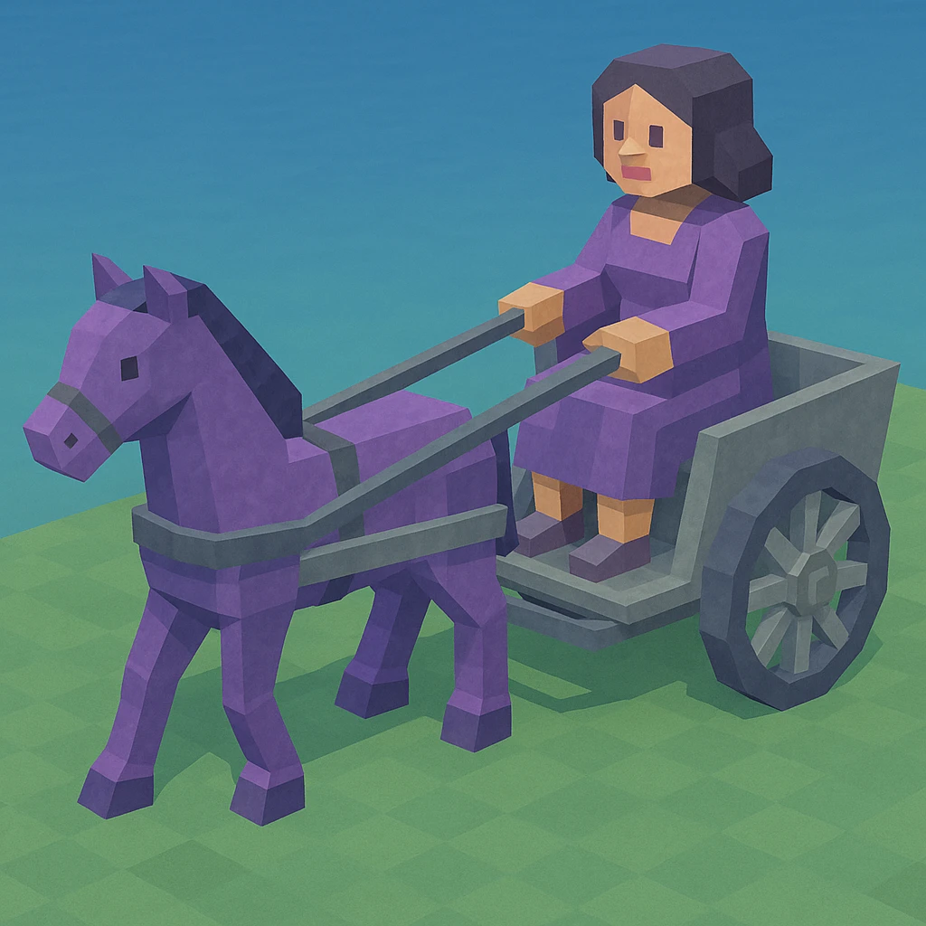 Isometric horse and cart with color variation: purple and silver, keep original style low poly 3d. emoji