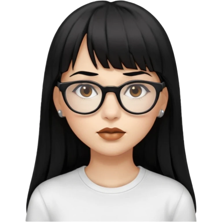 uma mulher snapchat icon, cor da pele normal, cabelo preto liso grande, solto grande com franja vegana, franja inteira curta, óculos pretos, com piercing na boca e nariz, olhos castanhos, camisa branca, a tela de fundo branca, coloque um brinco na boca e no nariz emoji
