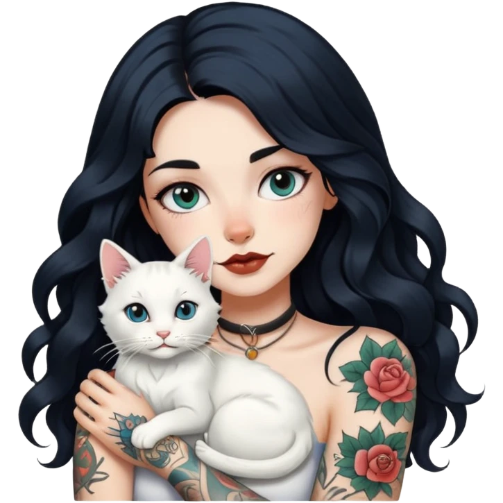 girl with long wave black hair and tattoos and a white cat emoji