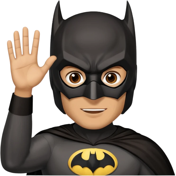 Make a man with brown eyes and dark hair in a Batman costume and mask waving "hello" emoji