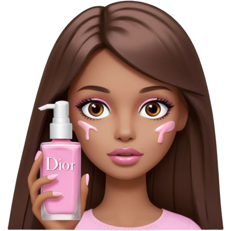 Barbie girl a brown long Straight hair and brown eyes is In pale pink smears by hand cosmetic cream Dior on her face emoji