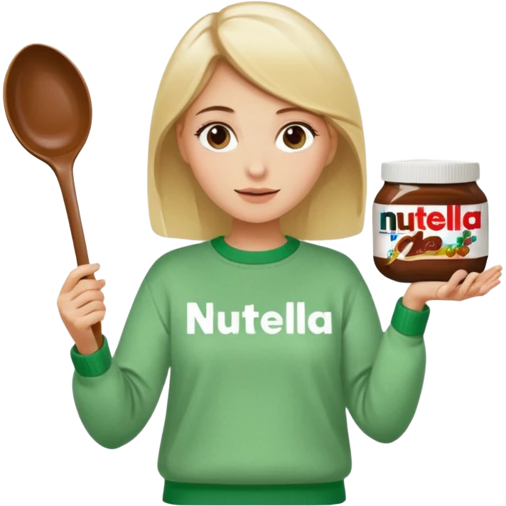 Blond woman with white and green pullover holds in one hand a big carriage of Nutella and in the other hand a oversized spoon which is in the carriage of Nutella emoji