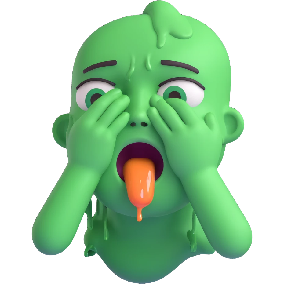 emoji with a sick green face, both vomiting and crying, dramatic expression emoji