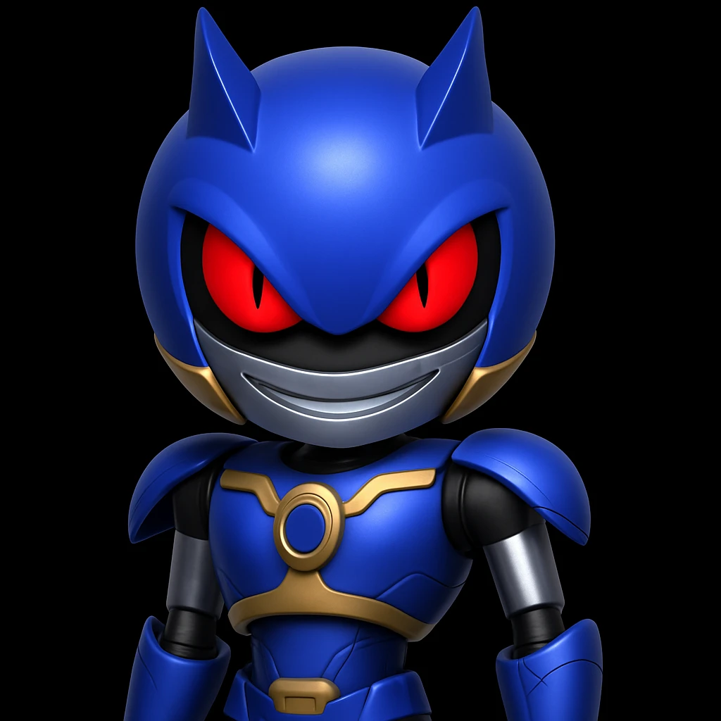 Keep the picture quality and style exactly the same. Make the eyes red and a bit scary, with a more intense, menacing stare and a subtle sinister grin. No other changes. emoji
