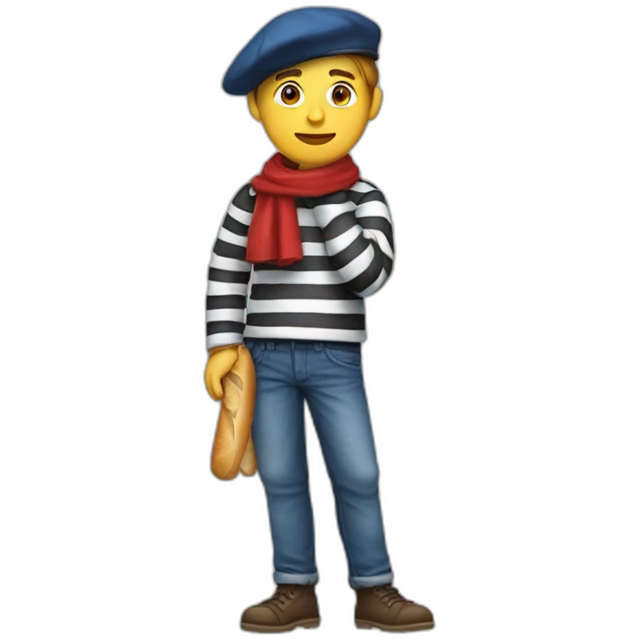 a french guy with a beret, black and white striped clothes, a red scarf, a baguette on his back and blue jeans. emoji