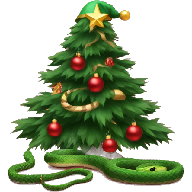 a snake in a red cap next to the Christmas tree emoji