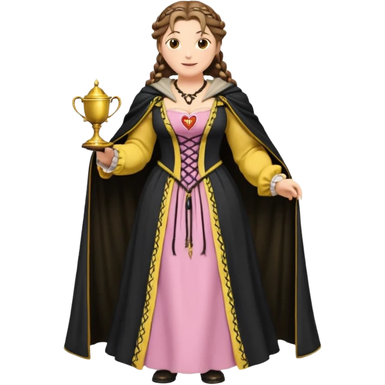 Helga Hufflepuff,brown-haired,2 braids,yellow-black medieval open dress,deep neckline,fat macromastia,black cloak decorated with gold braiding,gold cup with two handles,very kind smile,curvy busty,round rosy cheeks,full length with medieval shoes, inscription in pink heart says:"I love HELGA" emoji