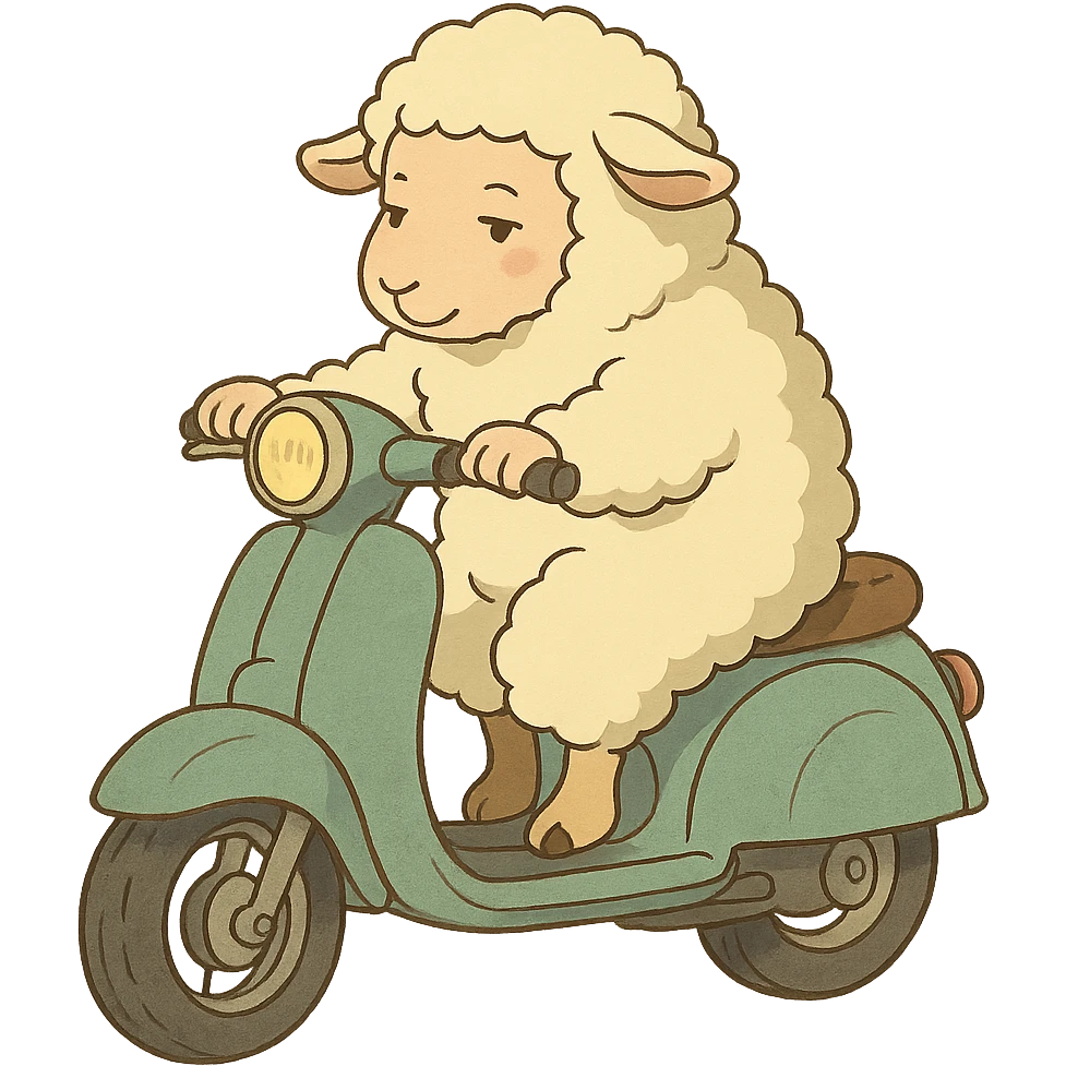 ghibli style cartoon sheep on a scooter emoji