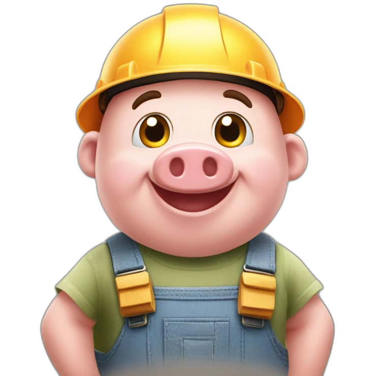 happy little pig from the three little pig story dressed as builder ready to build his home from bricks and cement emoji