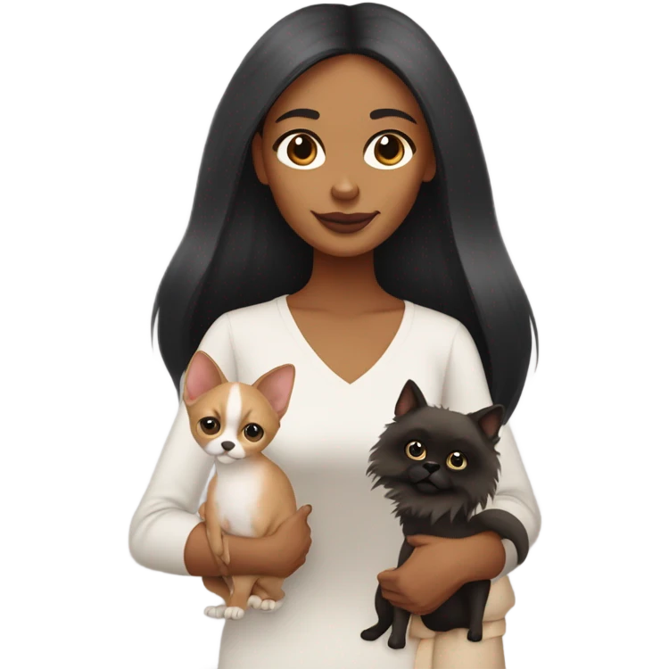 Latino woman with black staight hair and brown eyes is holding a grey sphinx cat and a ginger Pomeranian dog emoji