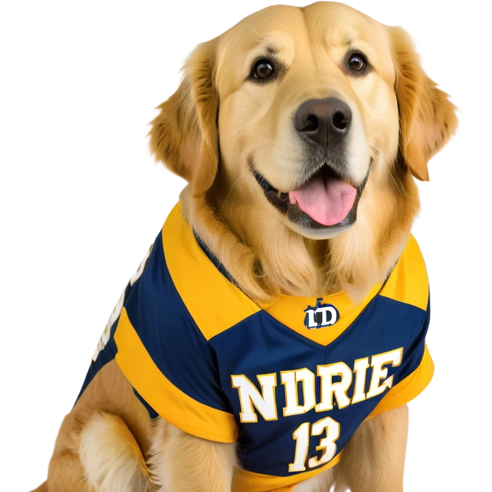 Golden retriever wearing a Notre dame jersey #13 emoji