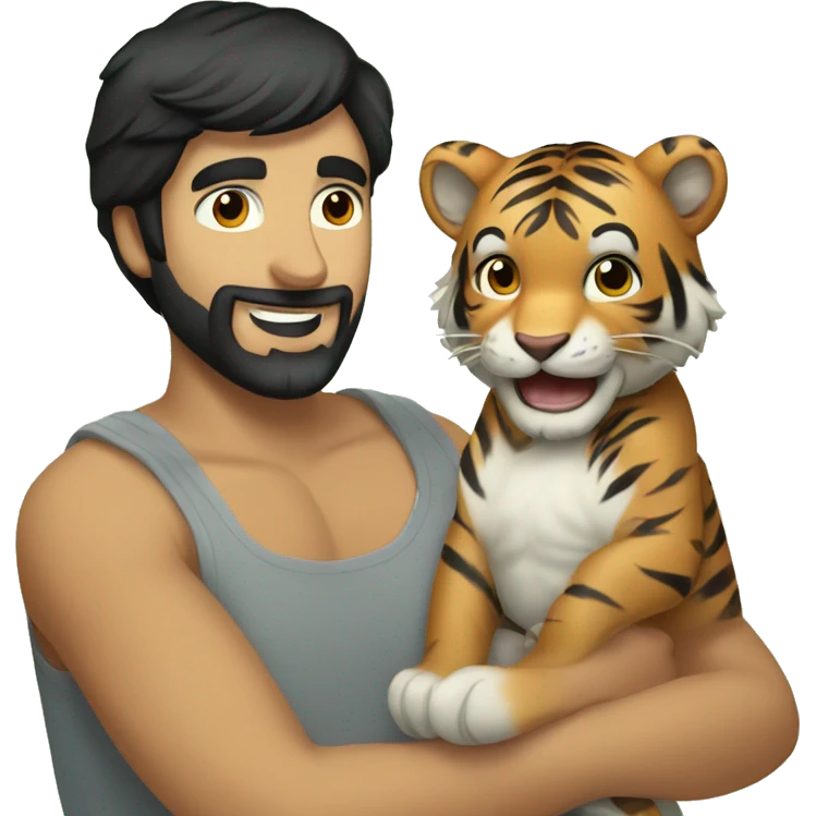 a caucasian guy with black hair and beard playing with a baby tiger emoji