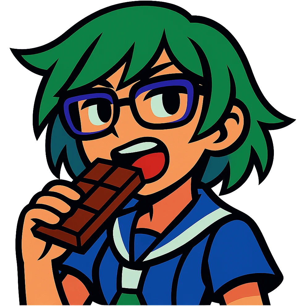 Seele with green hair and glasses biting, vibrant toon style emoji