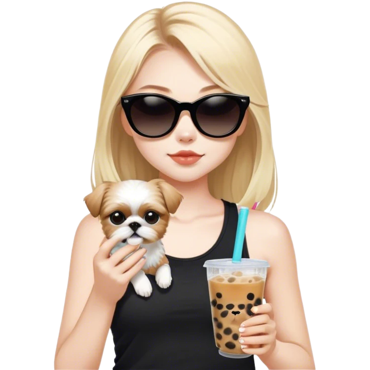 Blonde girl with pale skin and long hair with all black cat eye sunglasses in black tank top and boba tea and tan Shih Tzu  emoji