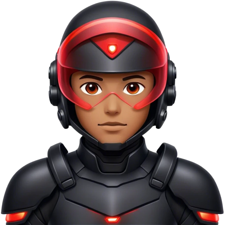 A futuristic soldier in sleek black armor, red LED lights reflecting on his visor. emoji