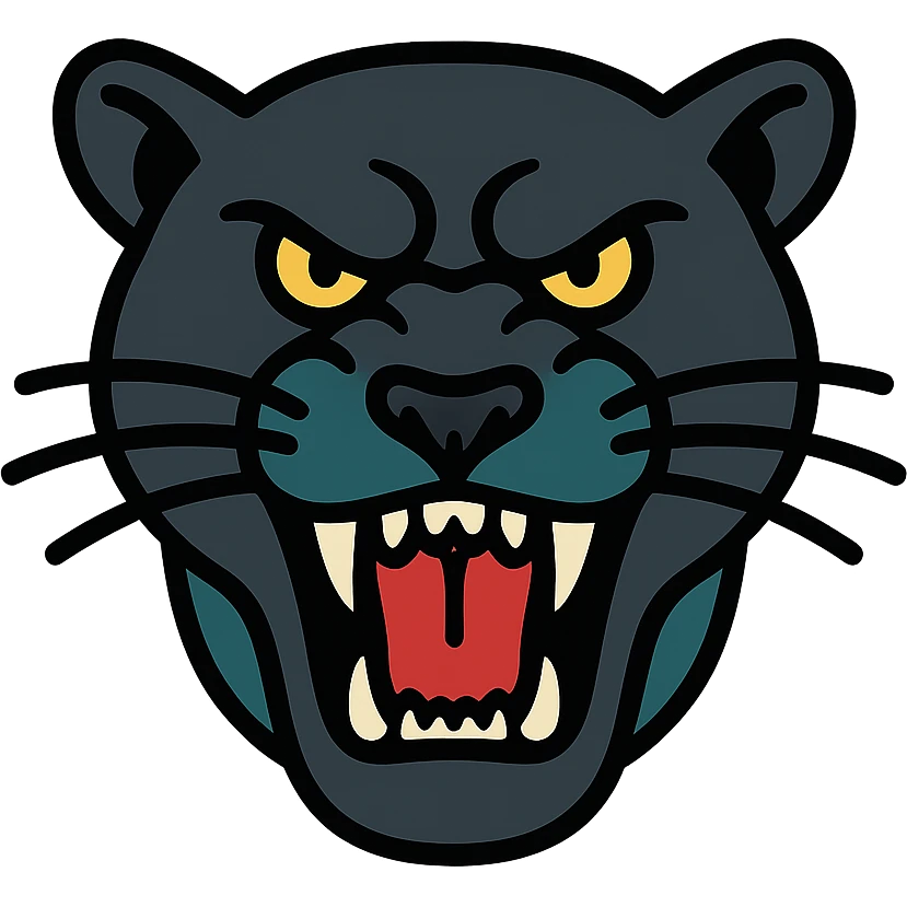 aggressive panther head, snarling, black fur with teal highlights, bold lines, Penrith Panthers rugby league logo style emoji