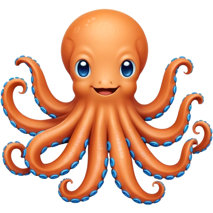 Cinematic Cute smiling Octopus Portrait Emoji, Head tilted playfully and inquisitively, featuring a rounded, light orange body embellished with playful blue rings, eight adorably curling arms, and big, twinkling eyes full of wonder, Simplified yet irresistibly adorable features, highly detailed, glowing with a warm, inviting underwater glow, high shine, affectionate and lively, stylized with a touch of whimsical cartoon charm, soft glowing outline, capturing the essence of a mischievous yet loving octopus that seems as if it could bob out of the screen into your arms! emoji