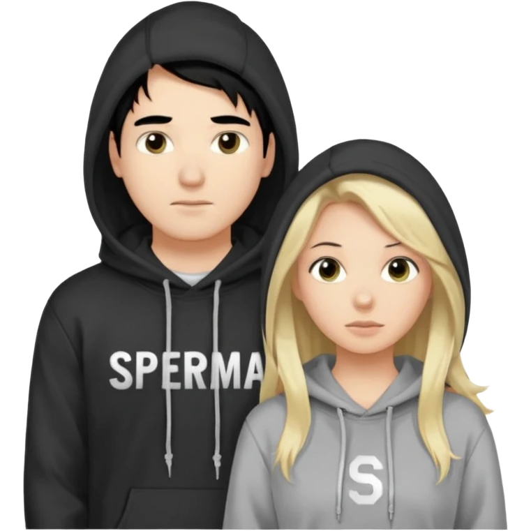 I want it to be this emote 🙍‍♂️
of a guy with black hair and a black sweatshirt with the word "sperma" written in white in the middle. Behind him, there's a pretty blonde with long hair, pulling the string on the first person's hoodie. The girl is wearing a gray sweatshirt. emoji