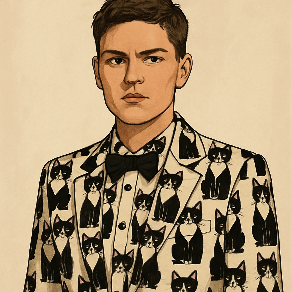 masculine woman with short brown hair and a tuxedo cat, style 3 emoji