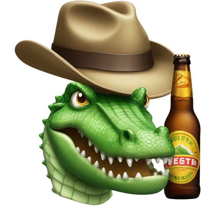green and white crocodile head with brown fedora next to a beer bottle emoji