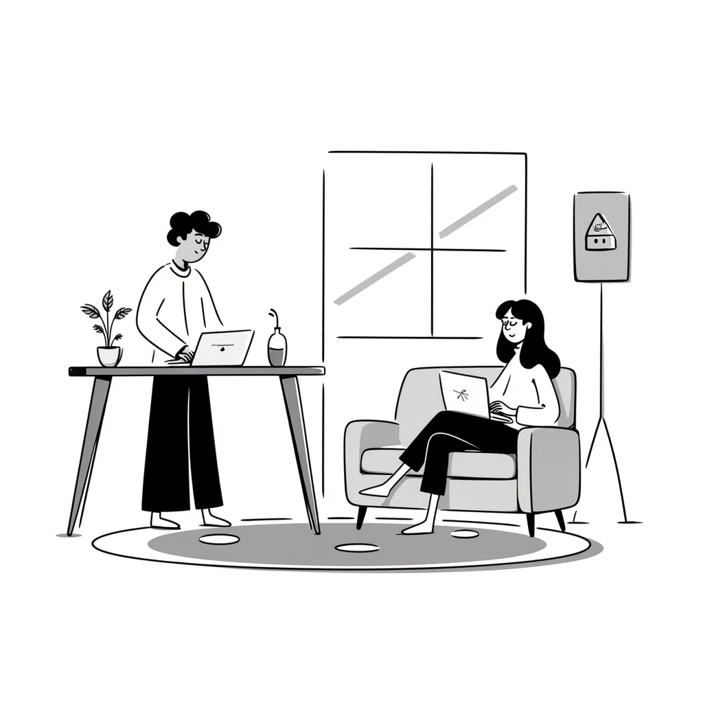 escenary 3d of a cozy mid-century living room with two people working on laptops, one man standing at a desk, and one woman sitting on a couch emoji