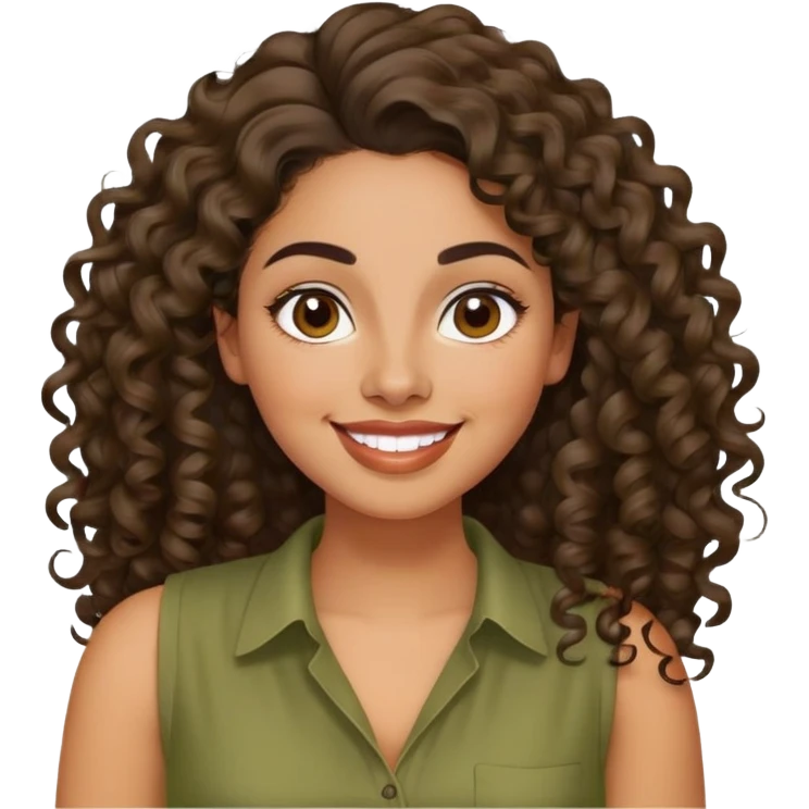 Mujer latina piel brown claro, mediana, cara redonda en forma de pera, cejas definidas, pelo muy largo rizado, peinado hacia atrás con bucles sueltos al frente. Sonrisa amplia, expresión alegre. Blusa verde olivo sin mangas emoji