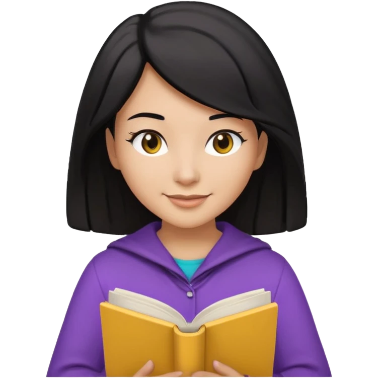 검정머리에 책읽고있는 여자. 해줘. 그리고 그 책으로 얼굴 반은 가린듯한 머리는 약간 파마 앞머리 없고 그리고 너무 무섭게 말고 책 읽는다고 얼굴 반은 가린듯한 책은 흰색에 보라색 노란색 섞여있고. 약간 미소 옷은 흰색. 아이폰 이모티콘 형태로 부탁 emoji